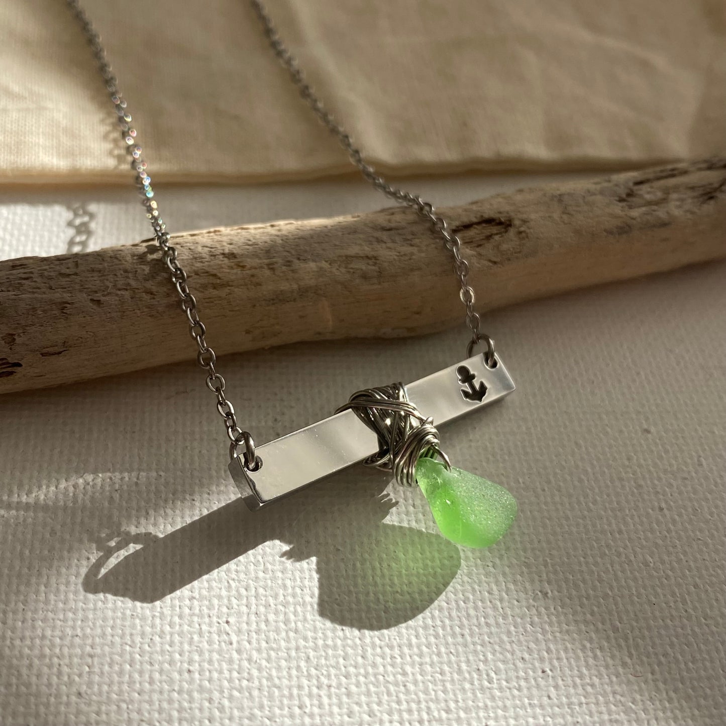 Silver Anchor Bar Necklace with Light Green Sea Glass