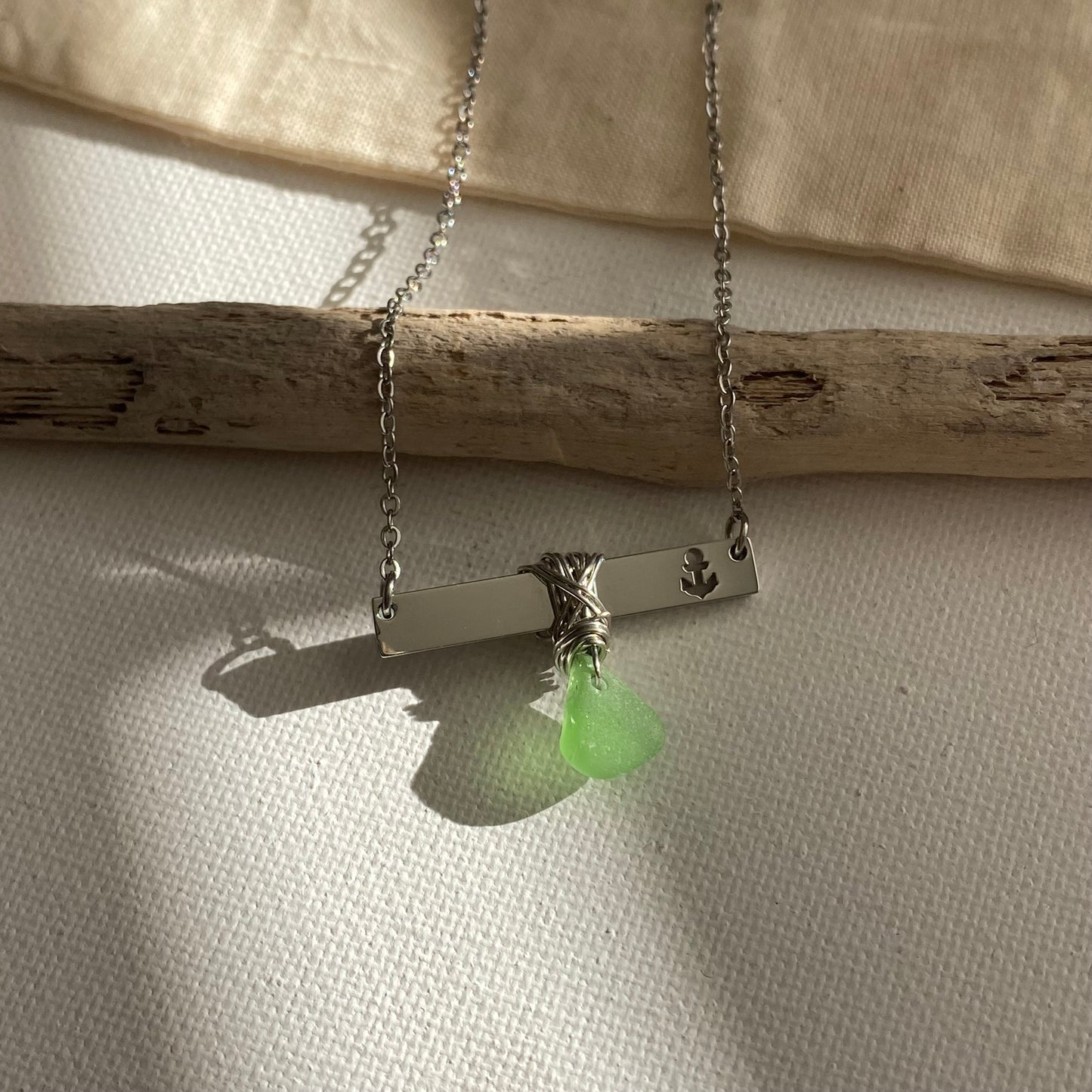 Silver Anchor Bar Necklace with Light Green Sea Glass