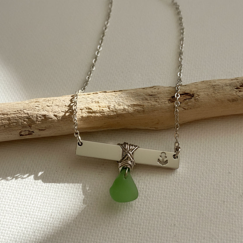 Silver Anchor Bar Necklace with Light Green Sea Glass