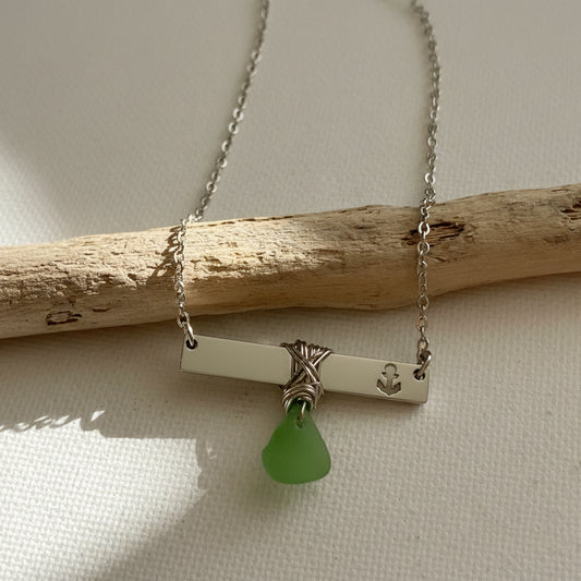 Silver Anchor Bar Necklace with Light Green Sea Glass