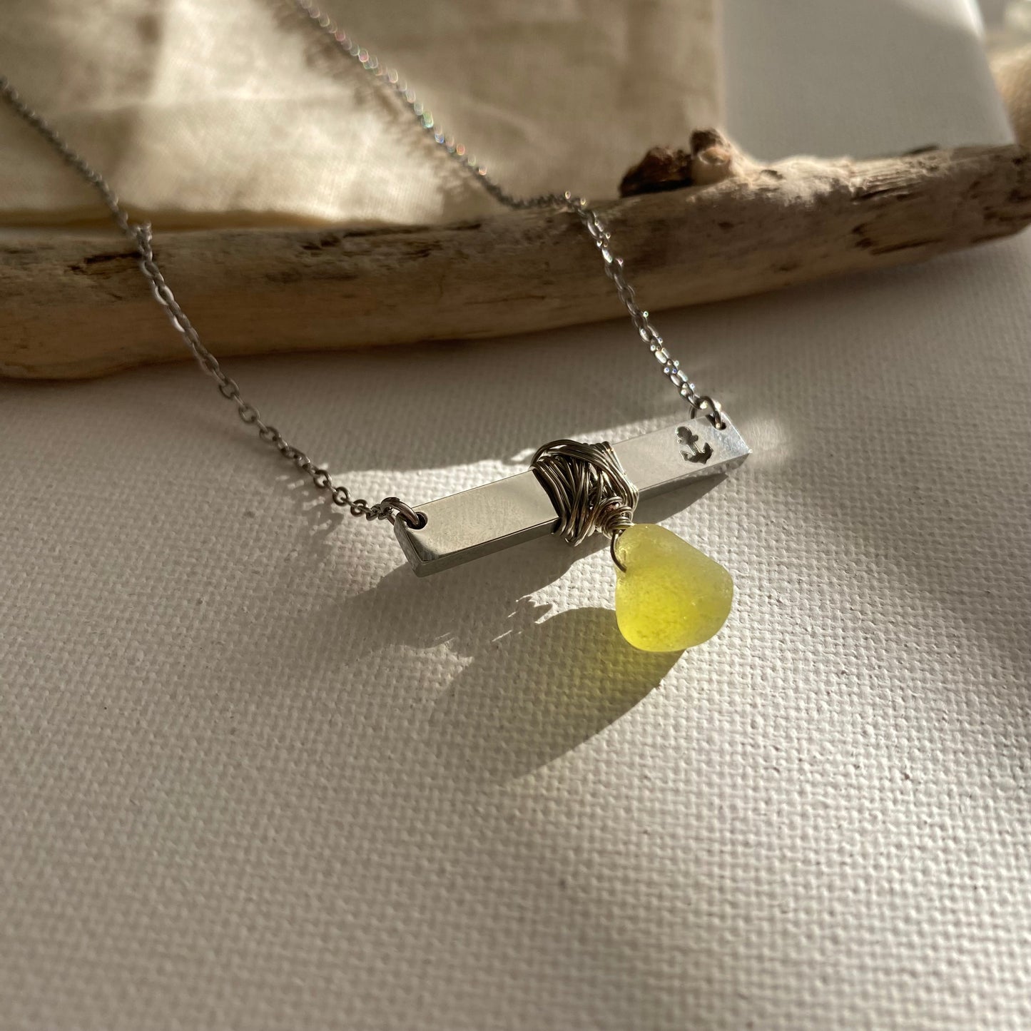 Silver Anchor Bar Necklace with Citron Sea Glass