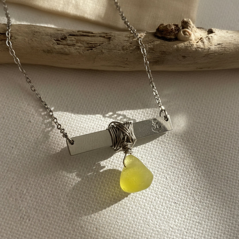 Silver Anchor Bar Necklace with Citron Sea Glass