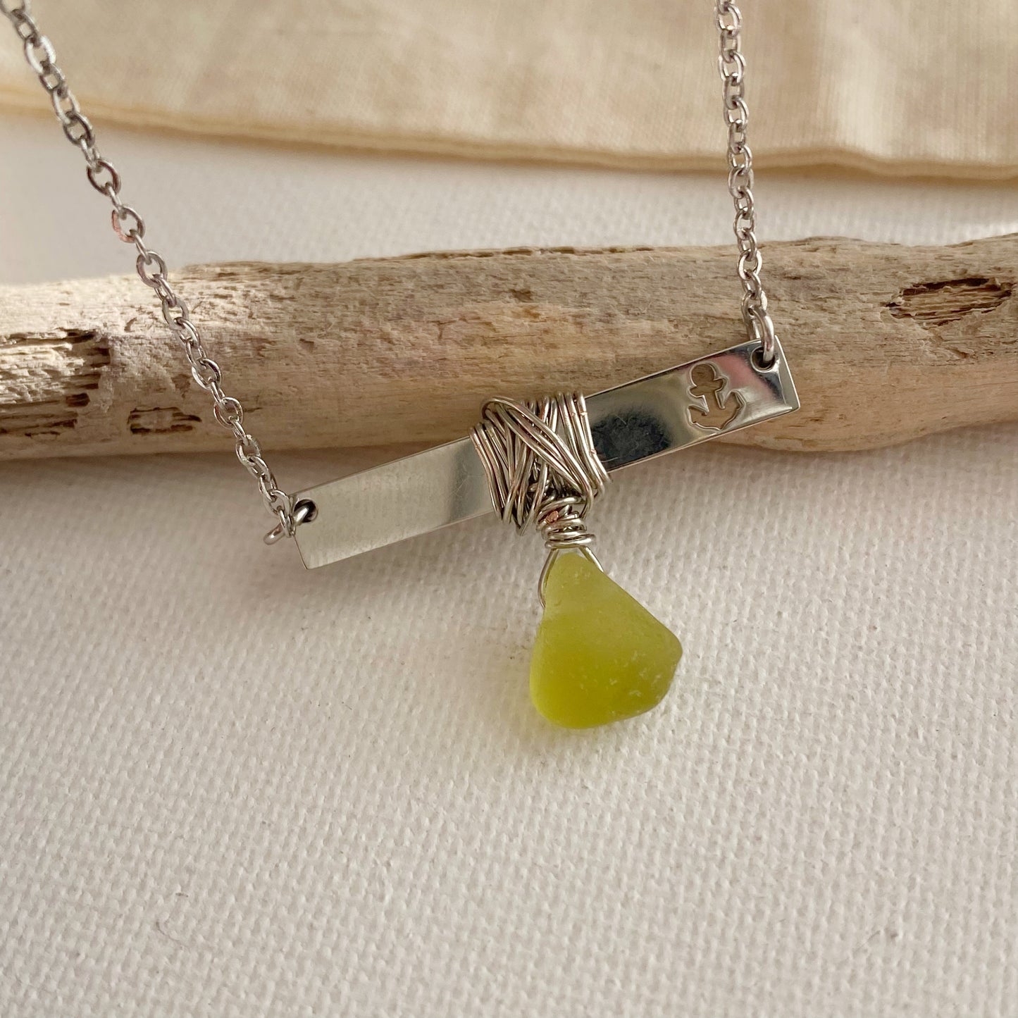 Silver Anchor Bar Necklace with Citron Sea Glass