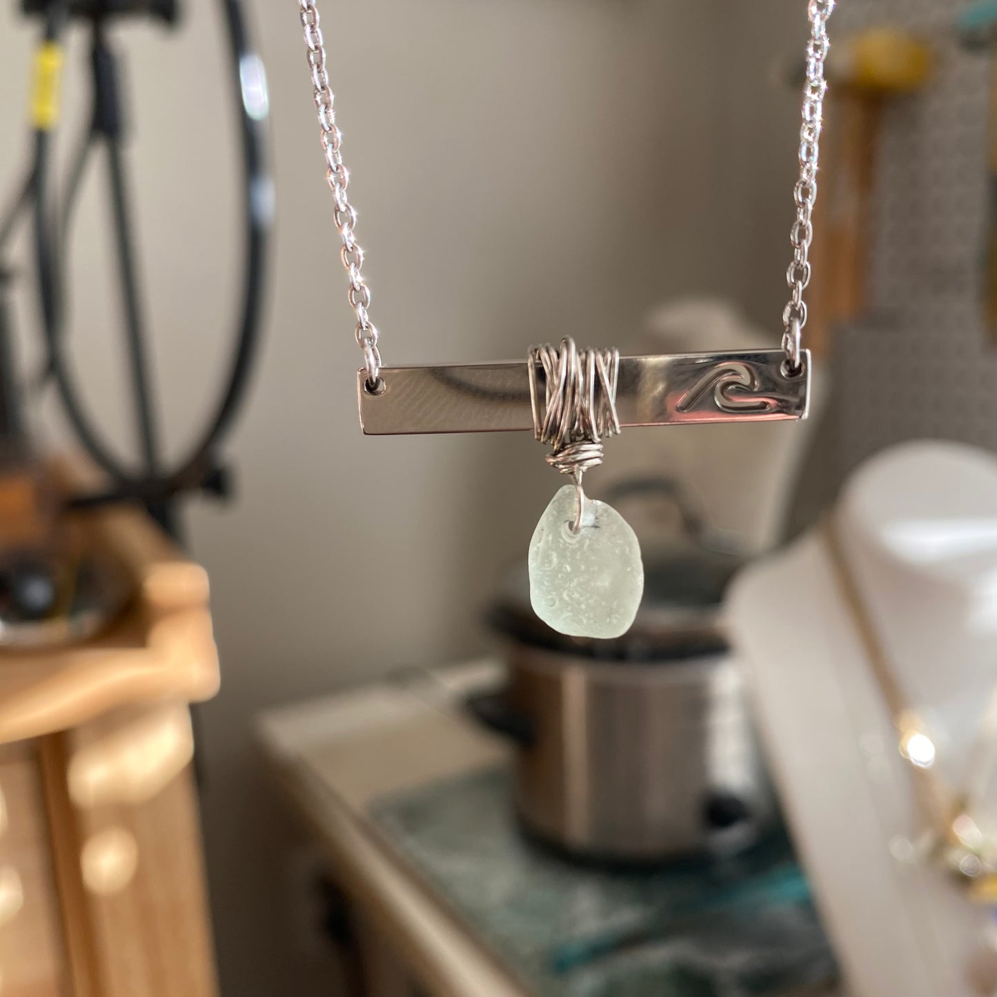 Silver Wave Bar Necklace with Sea Foam Sea Glass