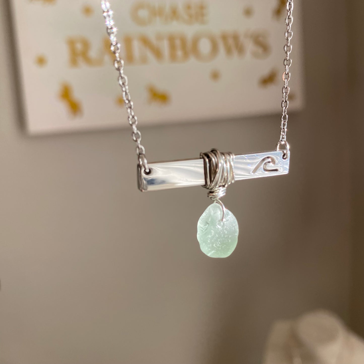 Silver Wave Bar Necklace with Sea Foam Sea Glass