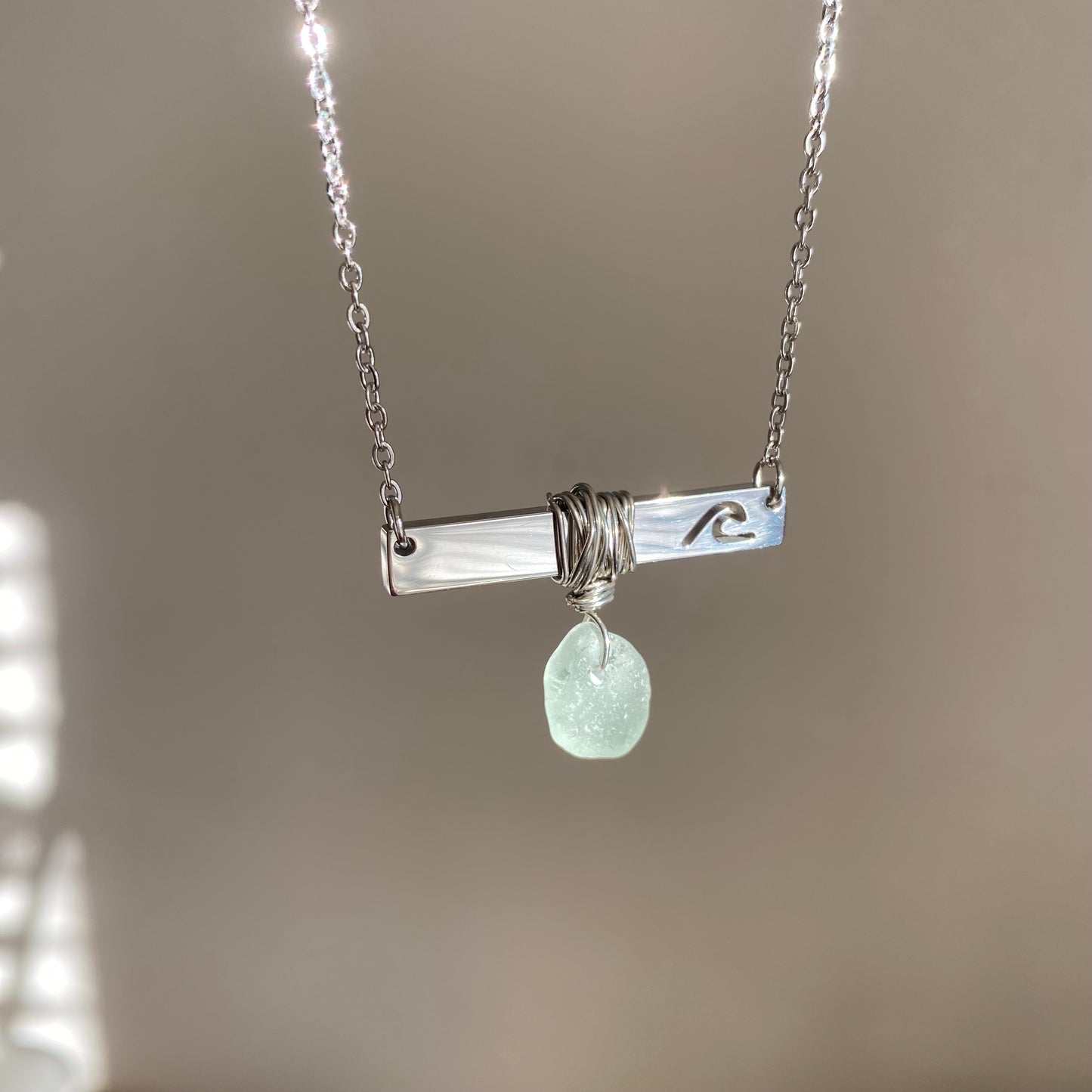 Silver Wave Bar Necklace with Sea Foam Sea Glass