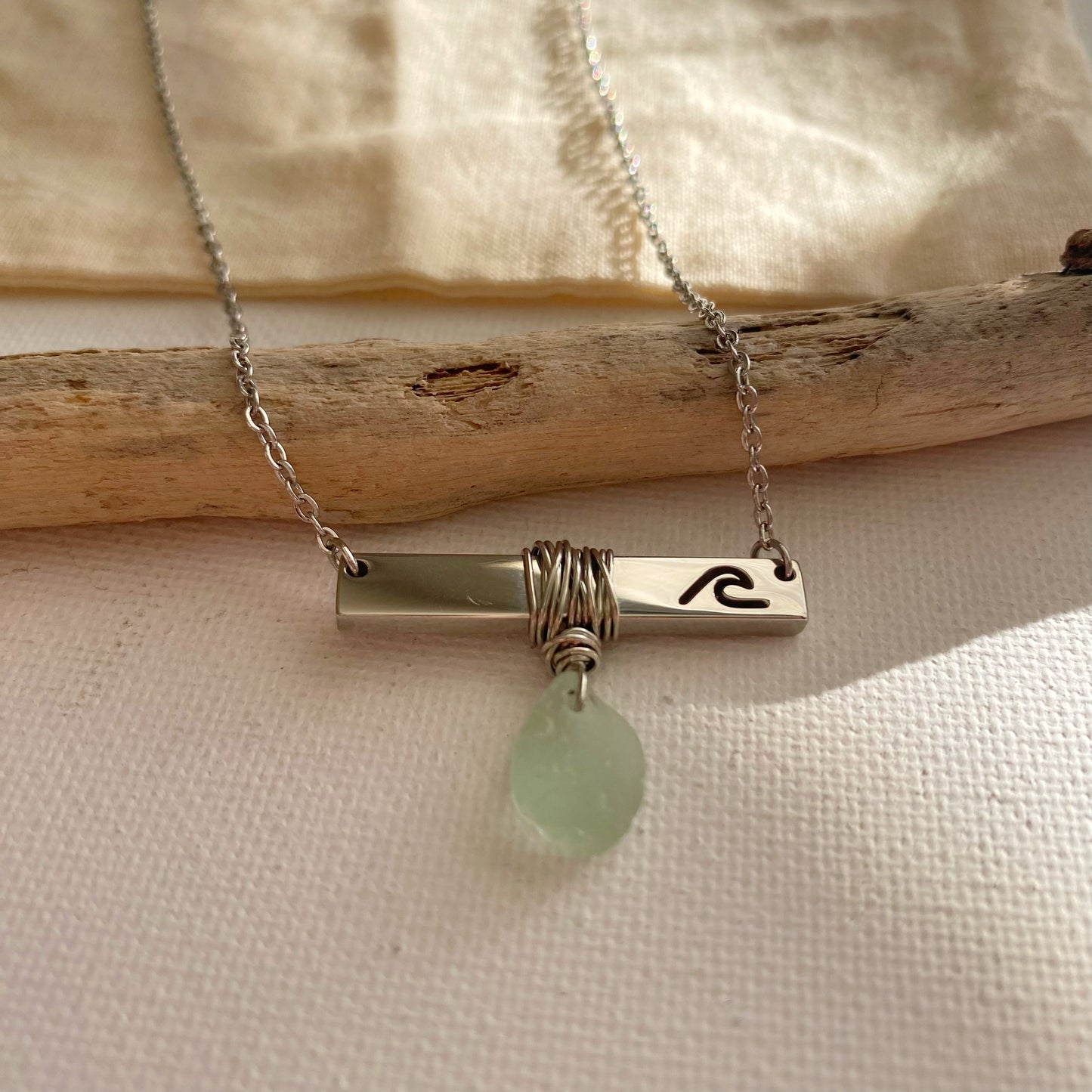 Silver Wave Bar Necklace with Sea Foam Sea Glass