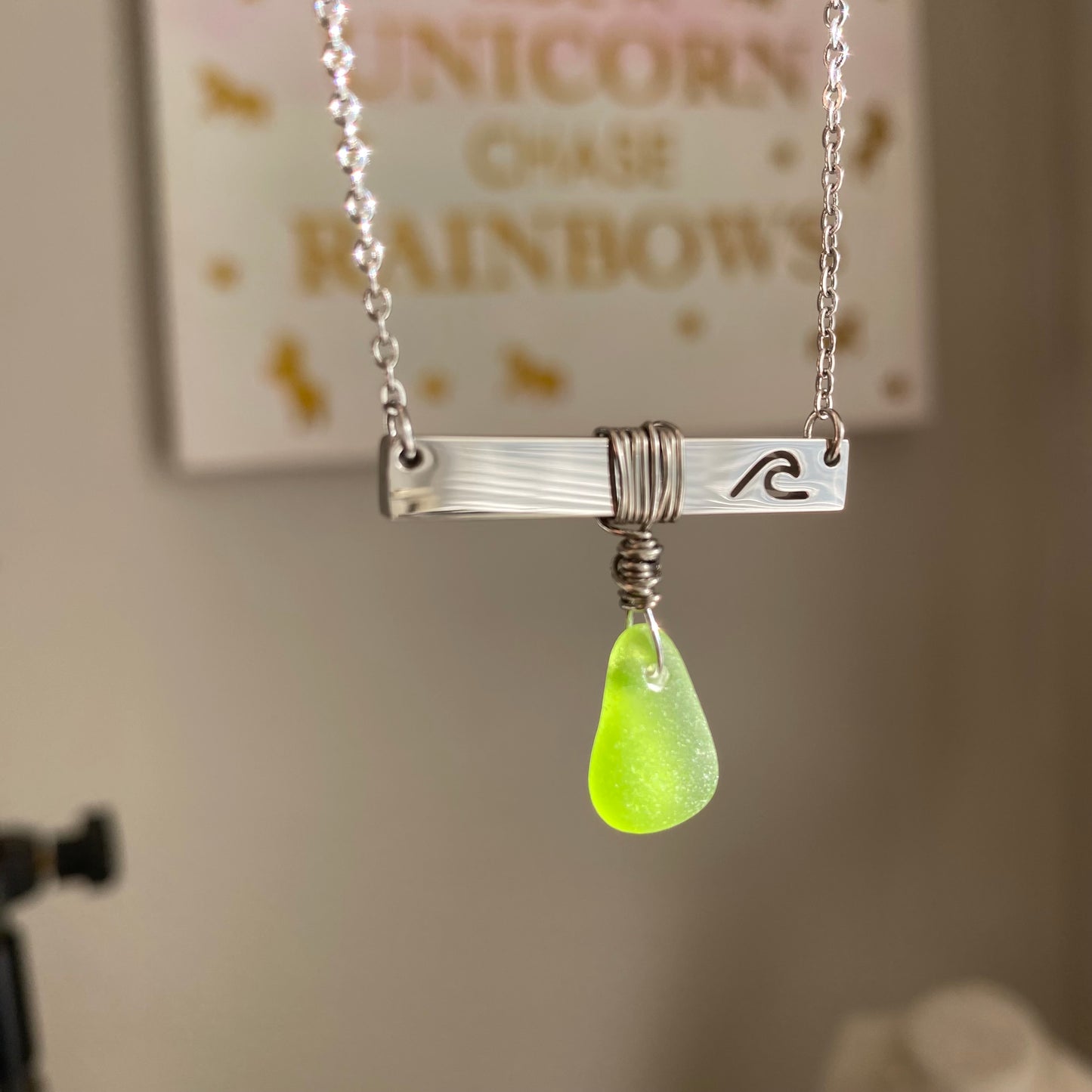 Silver Wave Bar Necklace with Lime Green Sea Glass