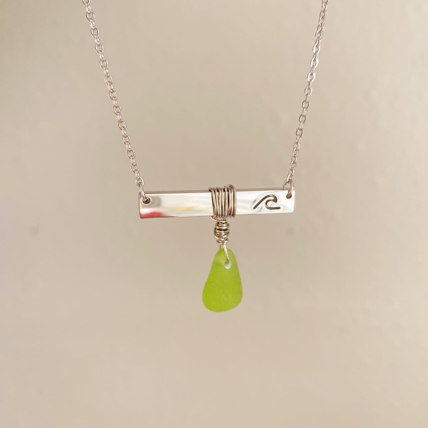 Silver Wave Bar Necklace with Lime Green Sea Glass