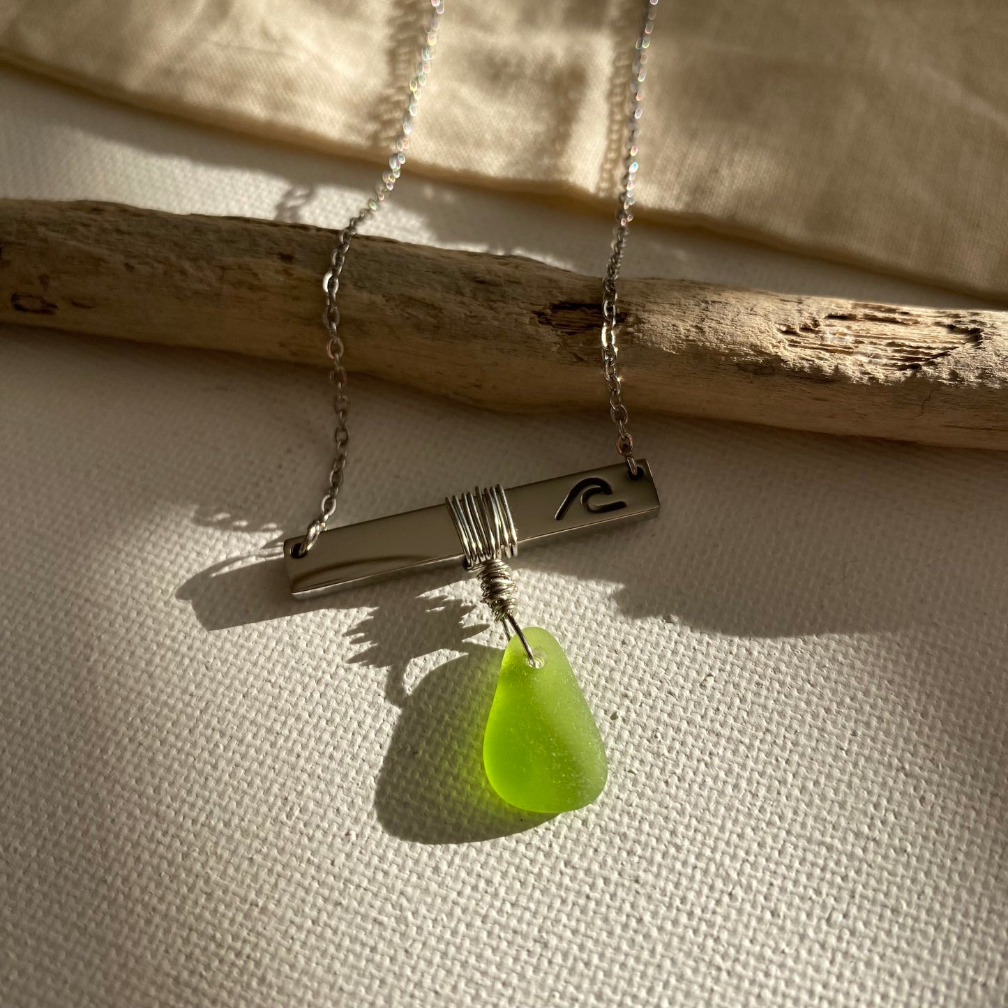 Silver Wave Bar Necklace with Lime Green Sea Glass
