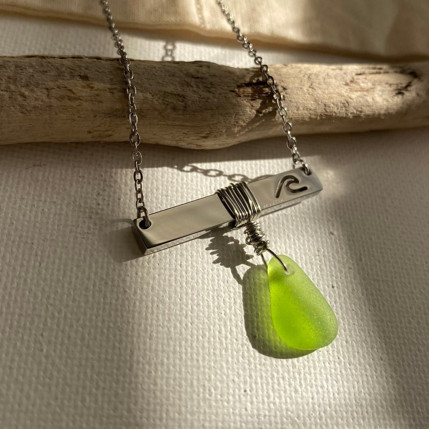 Silver Wave Bar Necklace with Lime Green Sea Glass