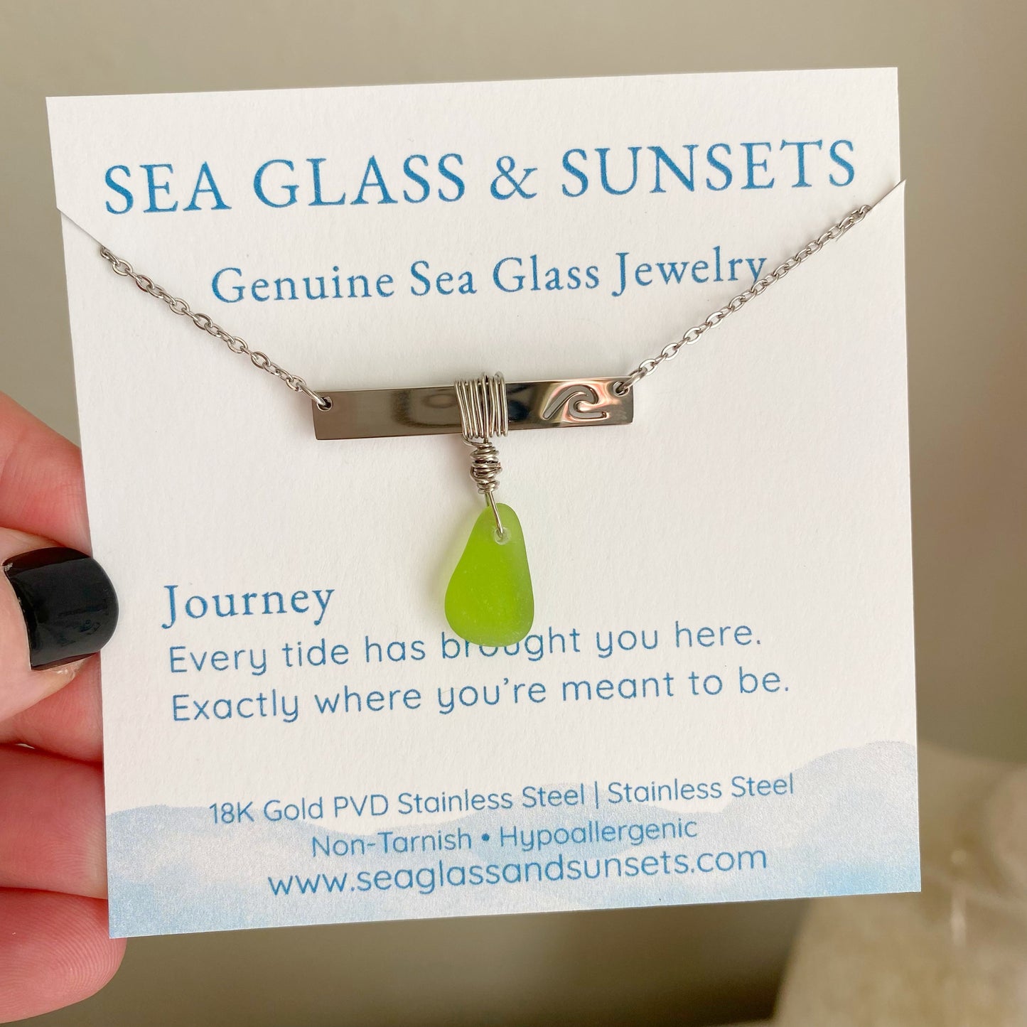 Silver Wave Bar Necklace with Lime Green Sea Glass