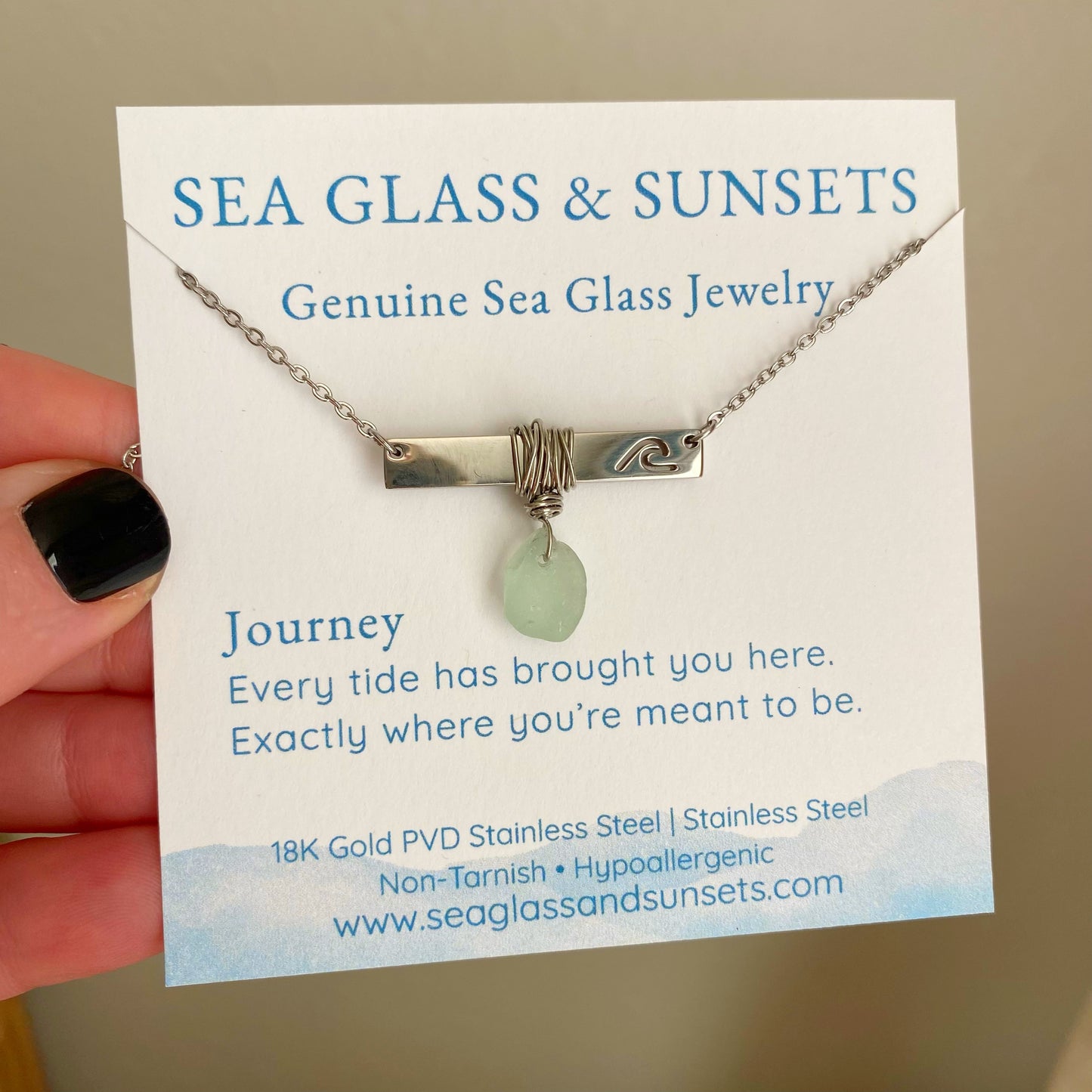 Silver Wave Bar Necklace with Sea Foam Sea Glass