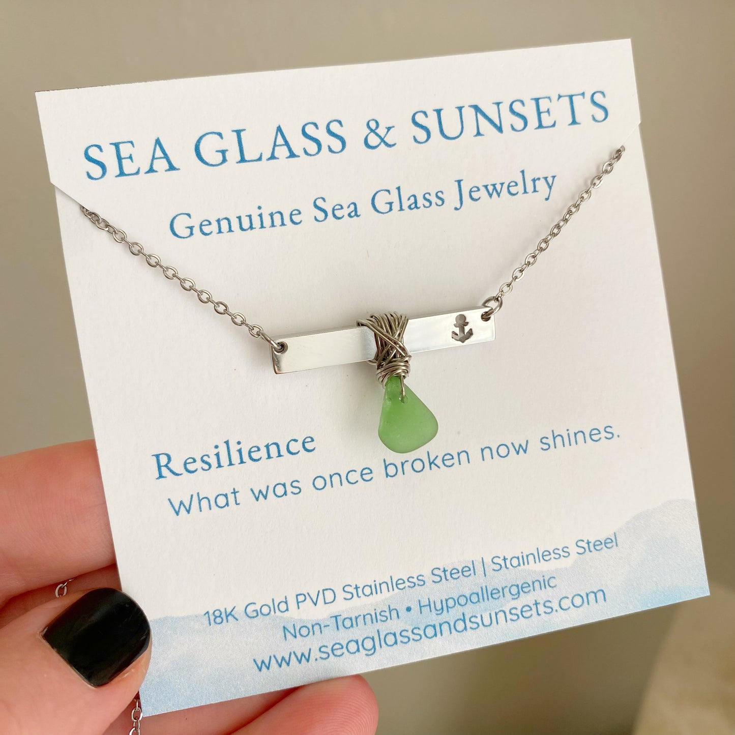 Silver Anchor Bar Necklace with Light Green Sea Glass