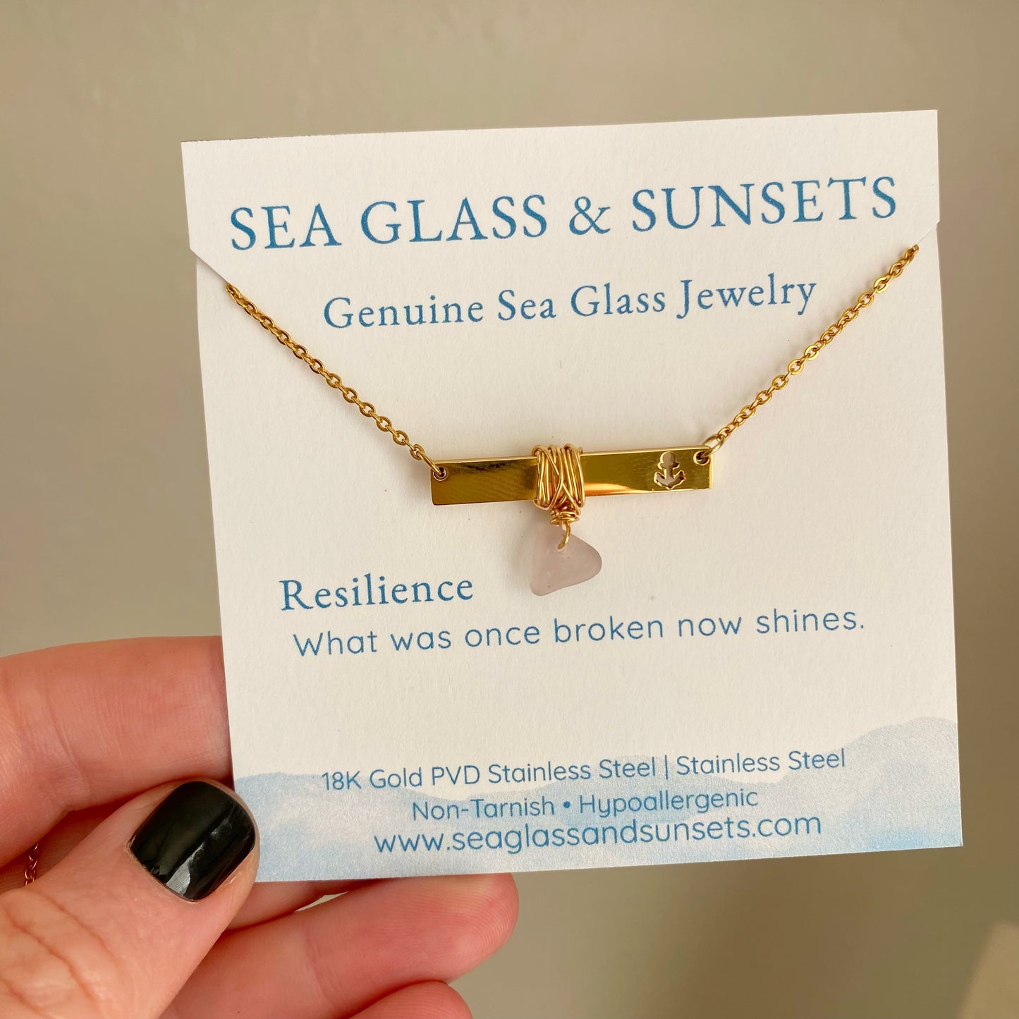 Gold Anchor Bar Necklace with Light Purple Sea Glass