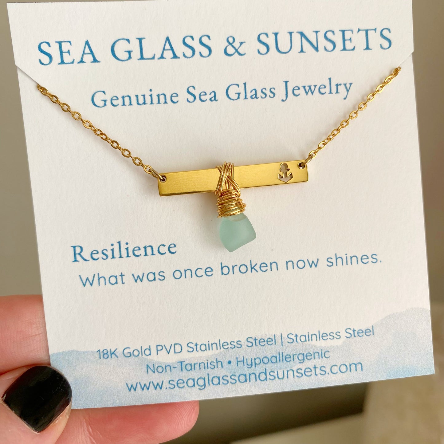 Gold Anchor Bar Necklace with Sky Blue Sea Glass