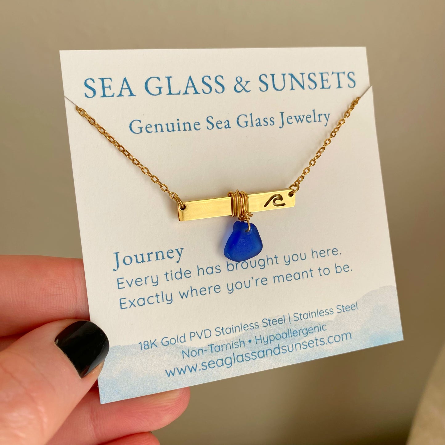 Gold Wave Bar Necklace with Cobalt Blue Sea Glass