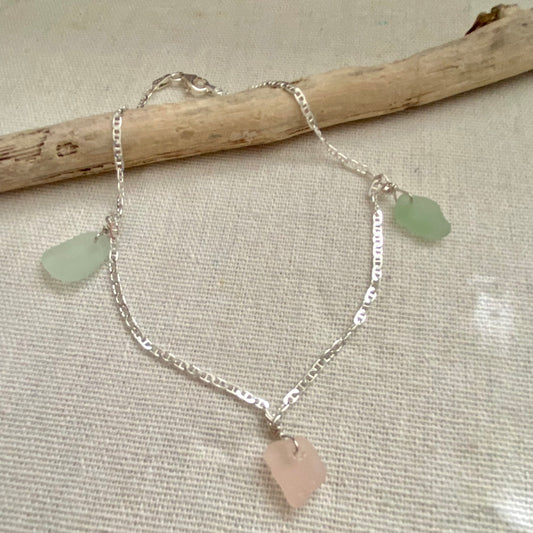 Sterling Silver Sea Glass Anklet — Pink & Sea Foam
