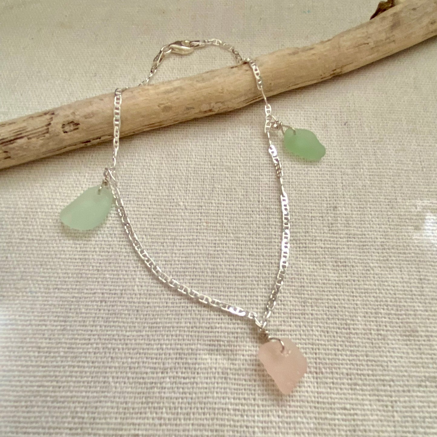 Sterling Silver Sea Glass Anklet — Pink & Sea Foam