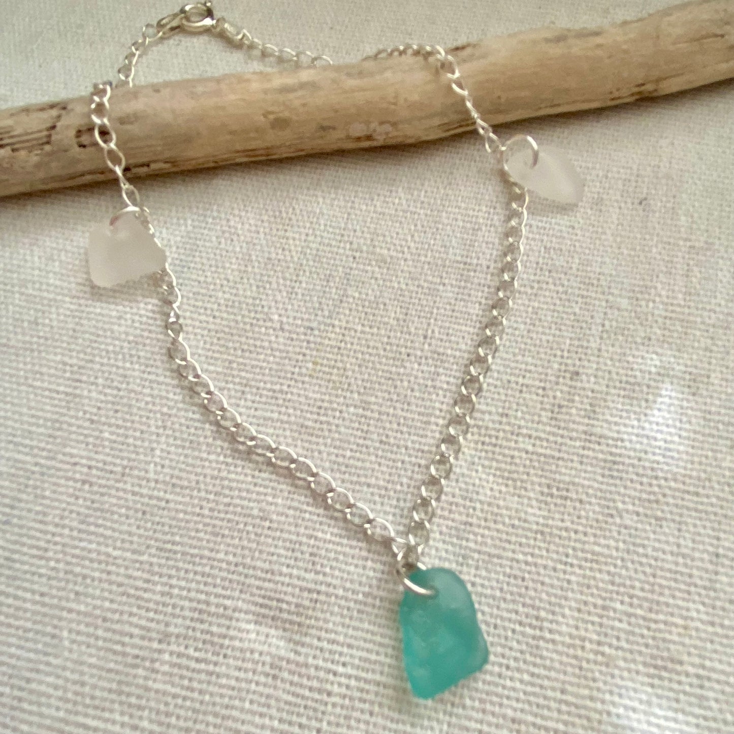 Sterling Silver Sea Glass Anklet — Teal & Clear