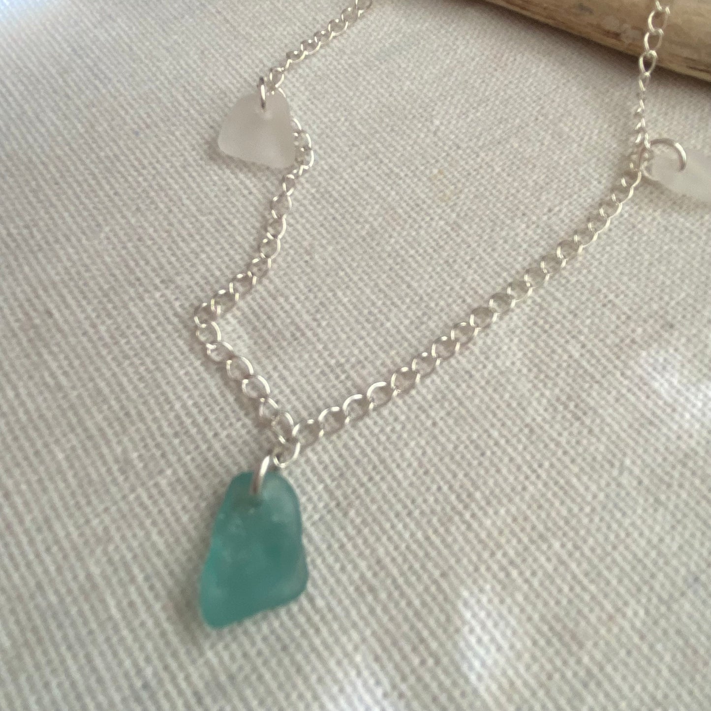 Sterling Silver Sea Glass Anklet — Teal & Clear