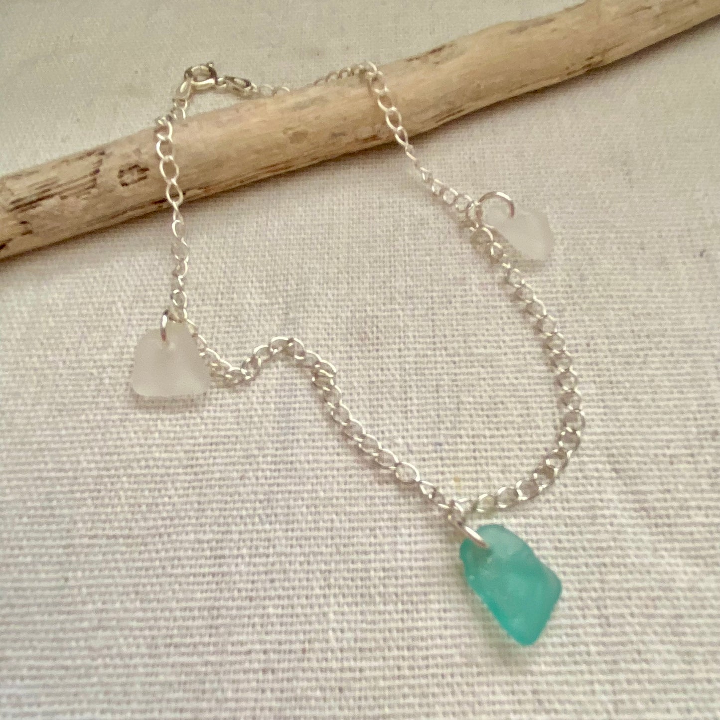 Sterling Silver Sea Glass Anklet — Teal & Clear