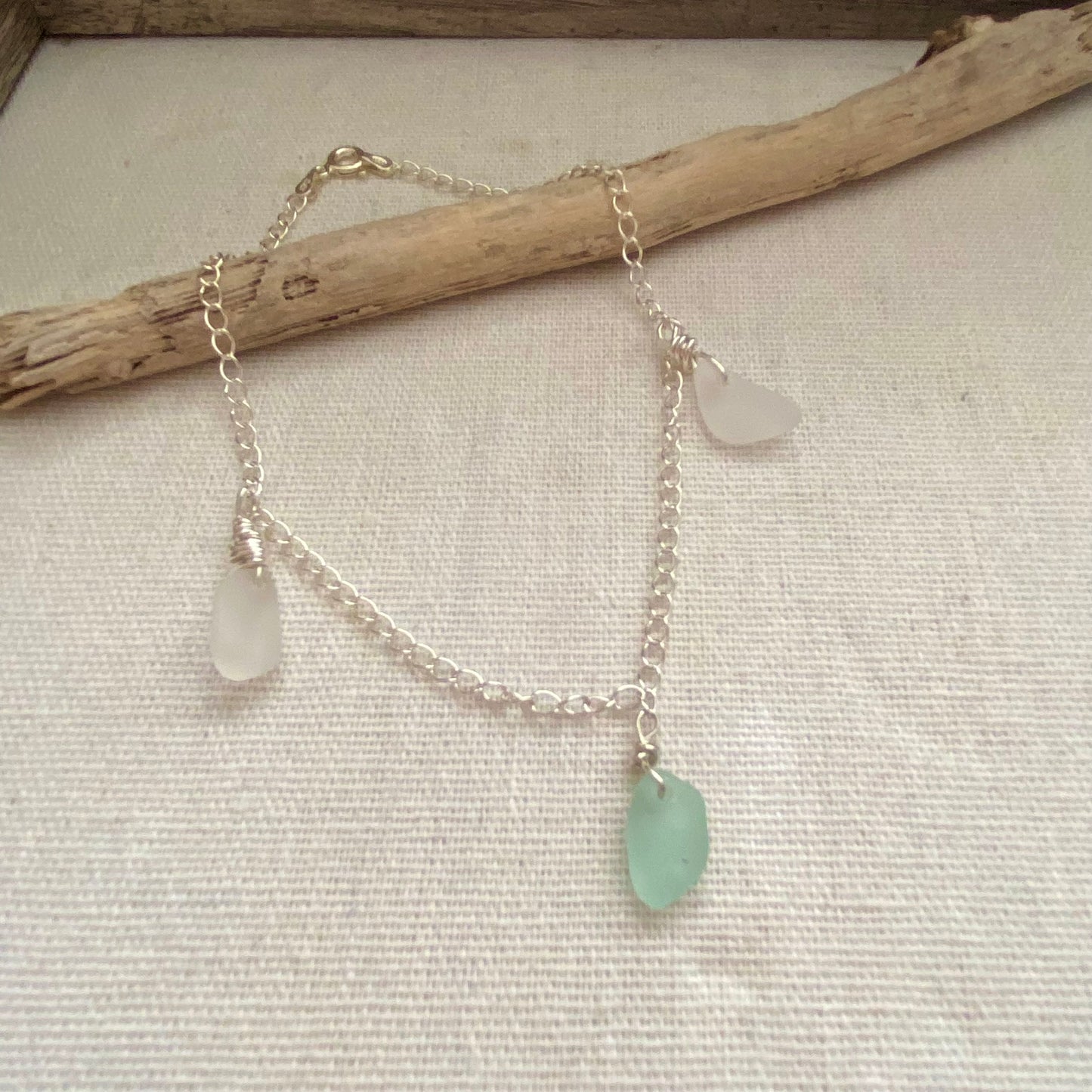 Sterling Silver Sea Glass Anklet — Sea Foam & Clear