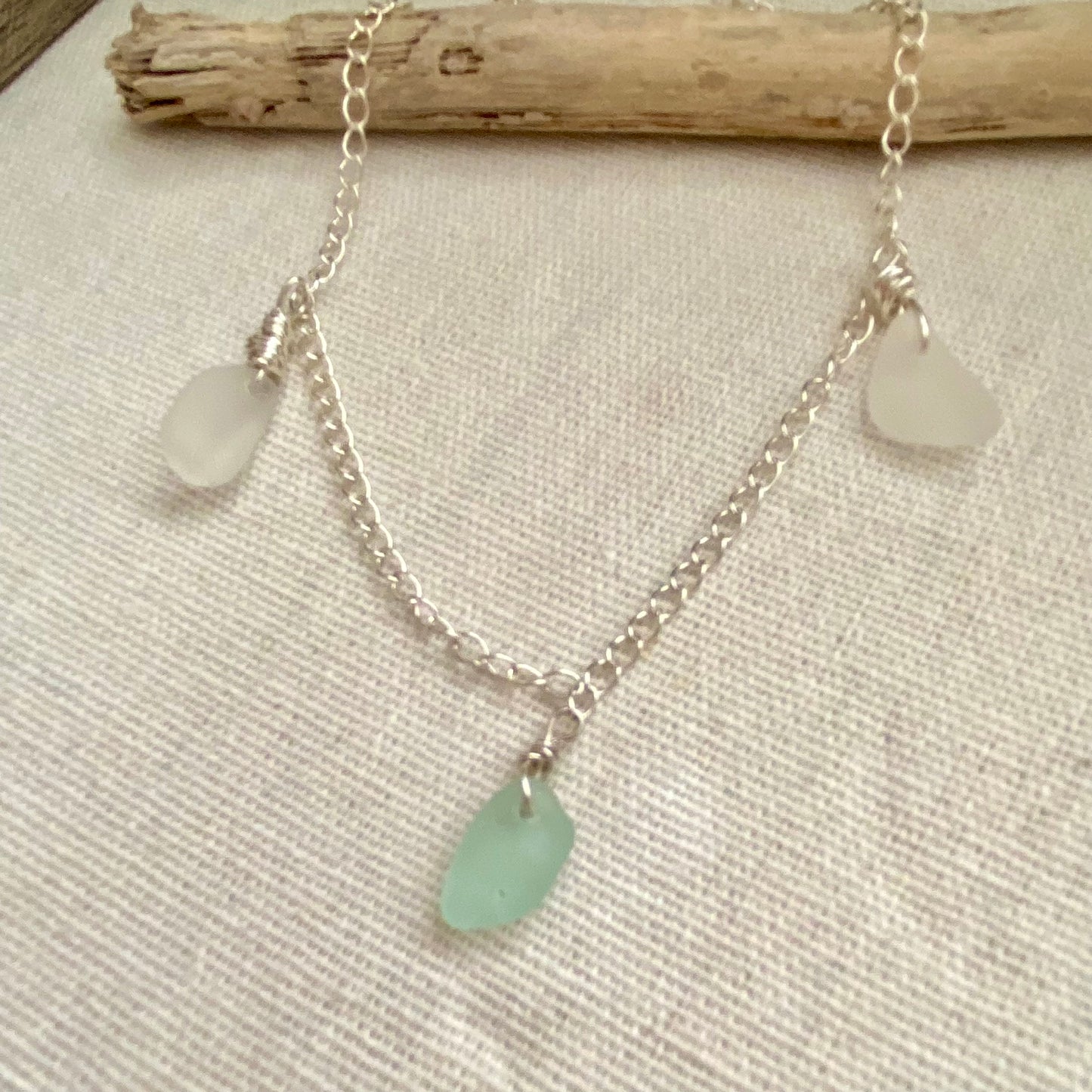 Sterling Silver Sea Glass Anklet — Sea Foam & Clear