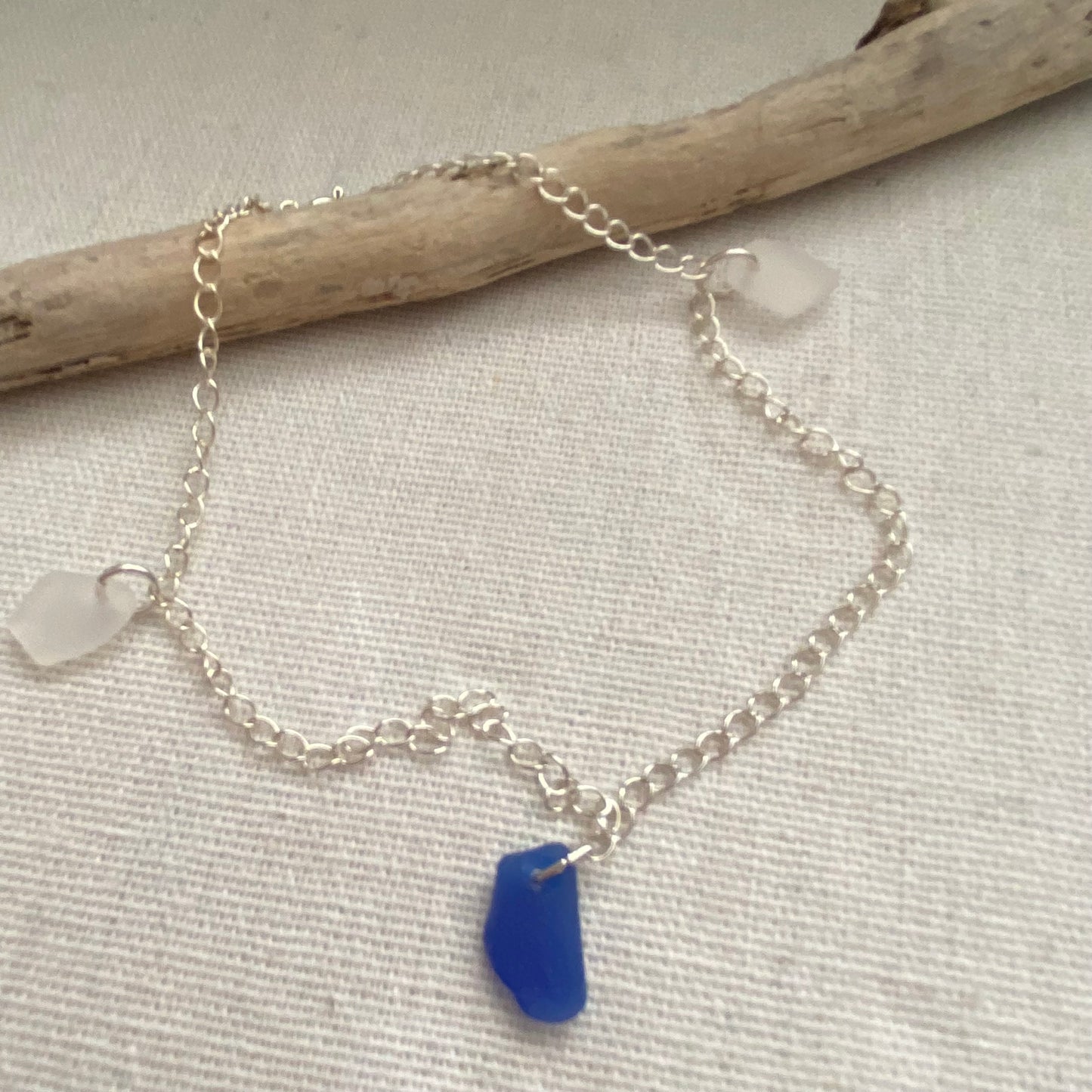 Sterling Silver Sea Glass Anklet — Cobalt & Clear #2