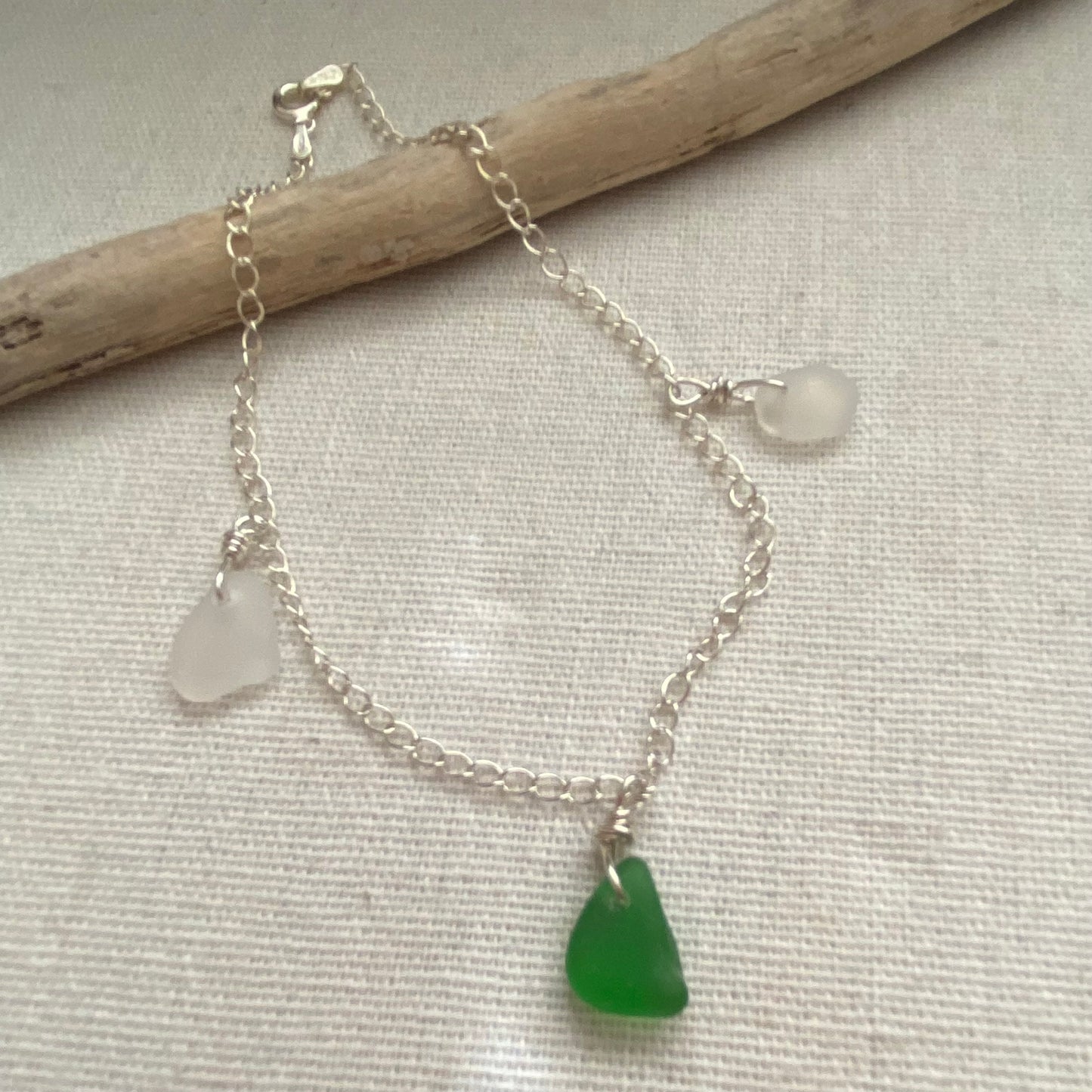 Sterling Silver Sea Glass Anklet — Kelly Green & Clear