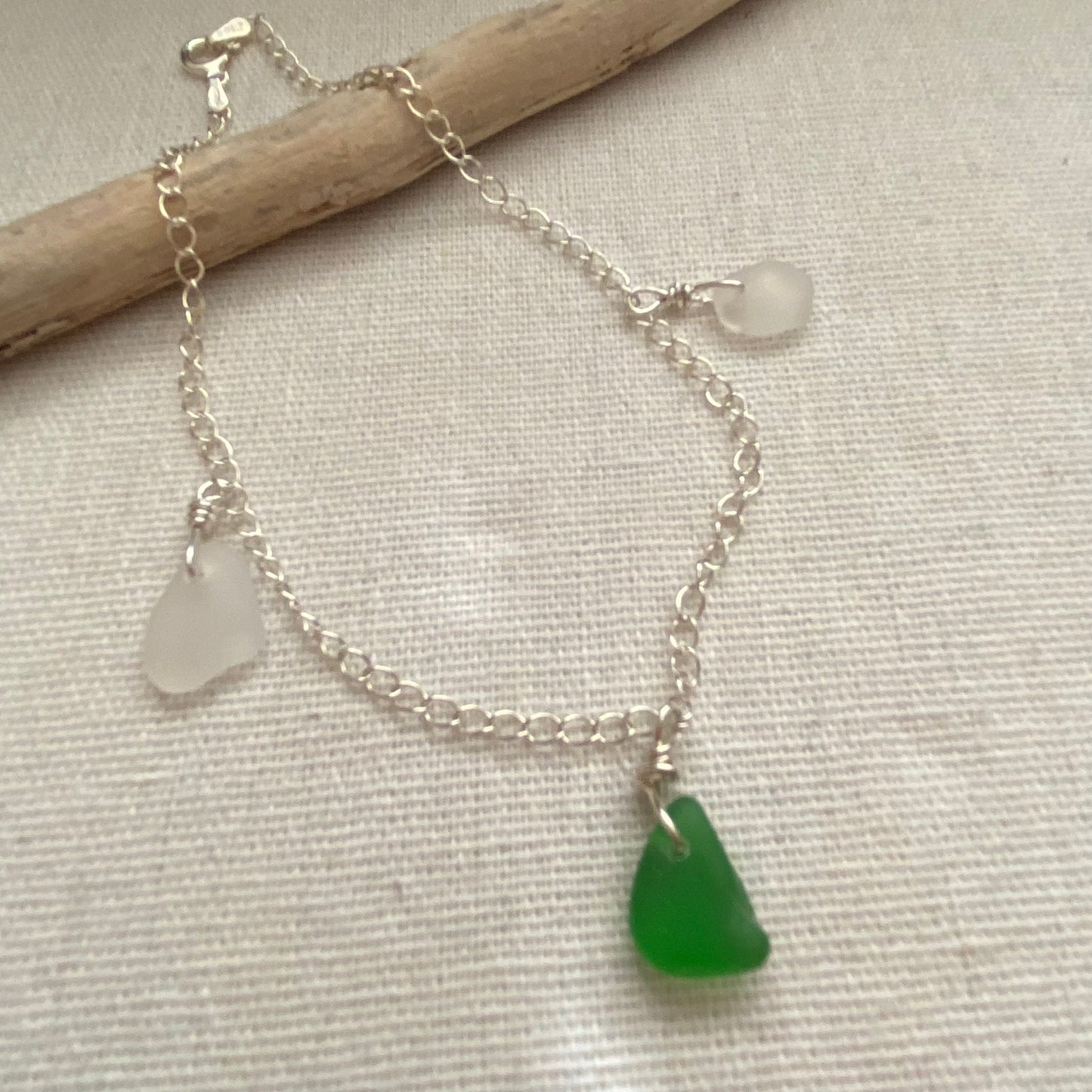 Sterling Silver Sea Glass Anklet — Kelly Green & Clear