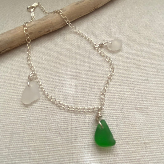 Sterling Silver Sea Glass Anklet — Kelly Green & Clear