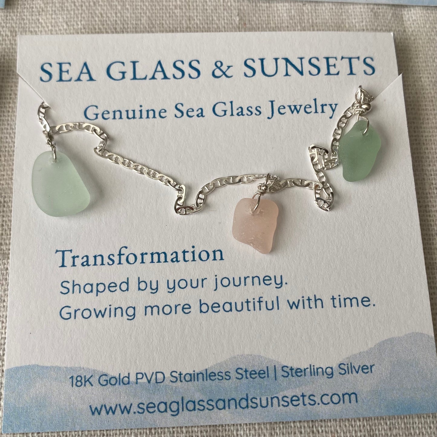 Sterling Silver Sea Glass Anklet — Pink & Sea Foam
