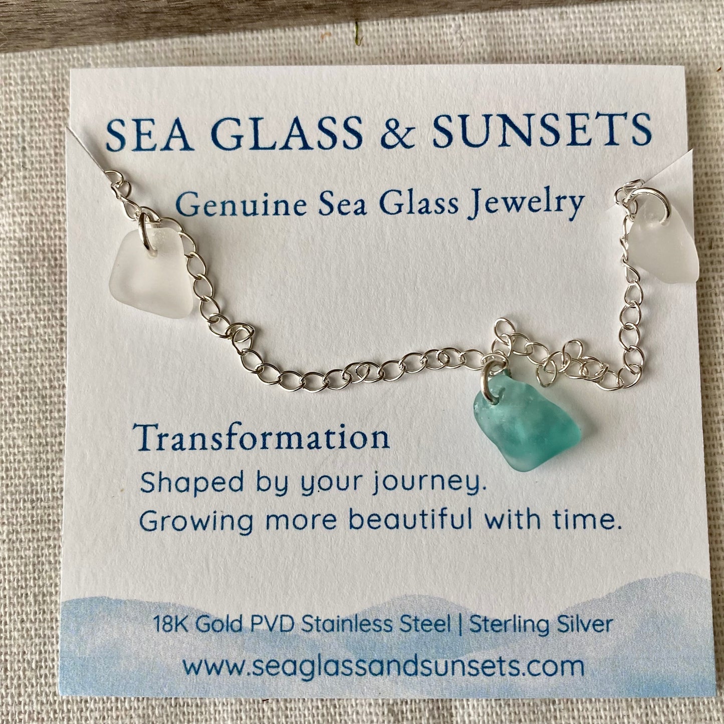 Sterling Silver Sea Glass Anklet — Teal & Clear