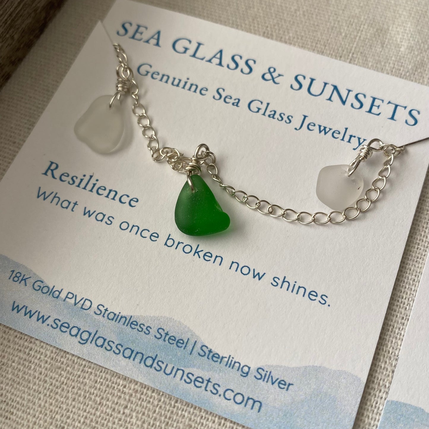 Sterling Silver Sea Glass Anklet — Kelly Green & Clear