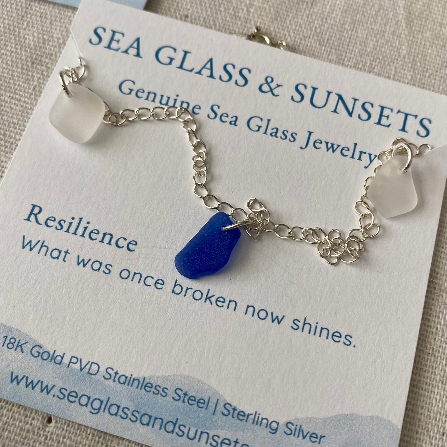 Sterling Silver Sea Glass Anklet — Cobalt & Clear #2