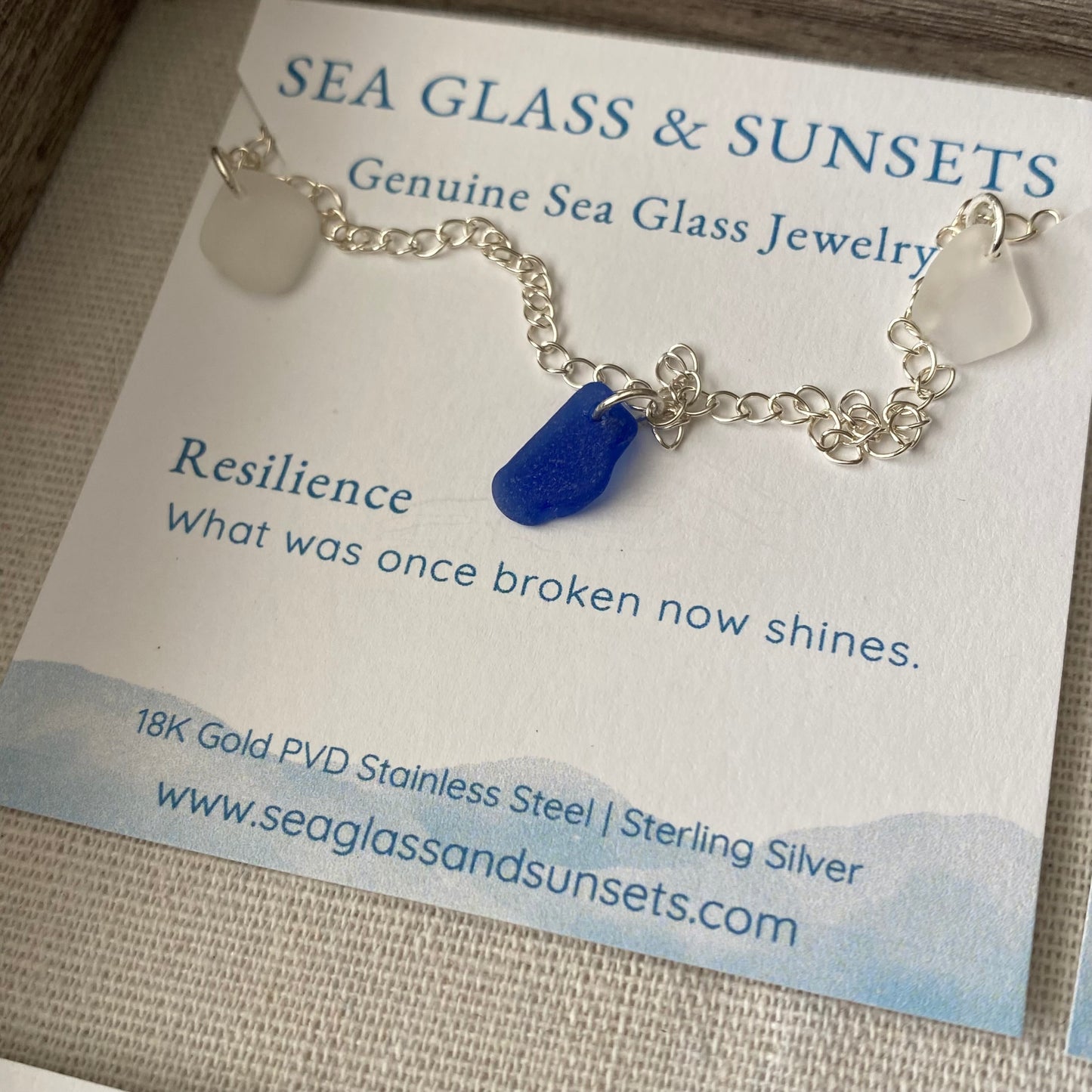 Sterling Silver Sea Glass Anklet — Cobalt & Clear #2