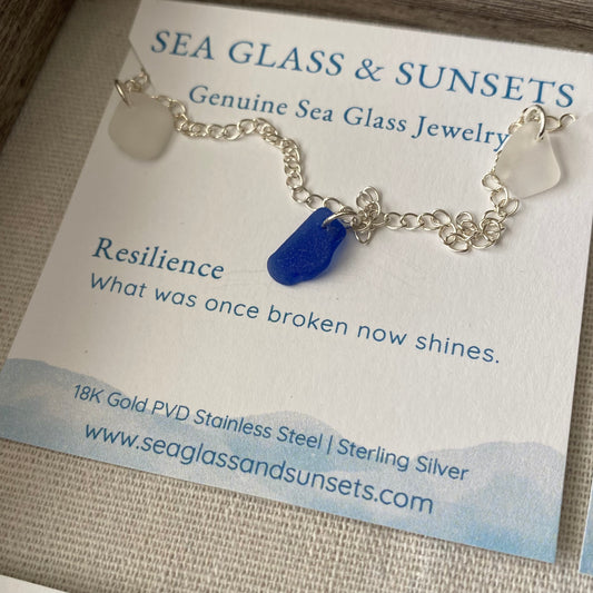 Sterling Silver Sea Glass Anklet — Cobalt & Clear #2