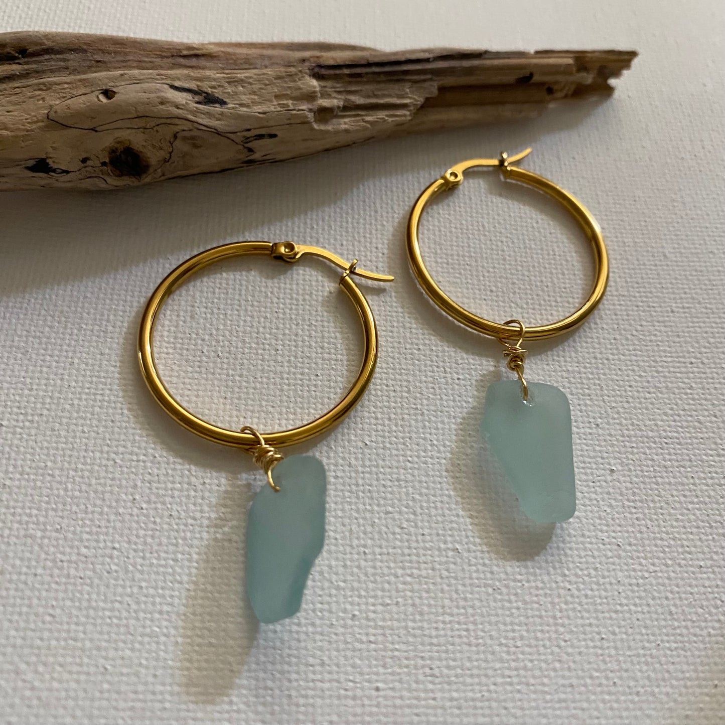 Sea Foam Sea Glass Earrings on 18K Gold PVD Hoops