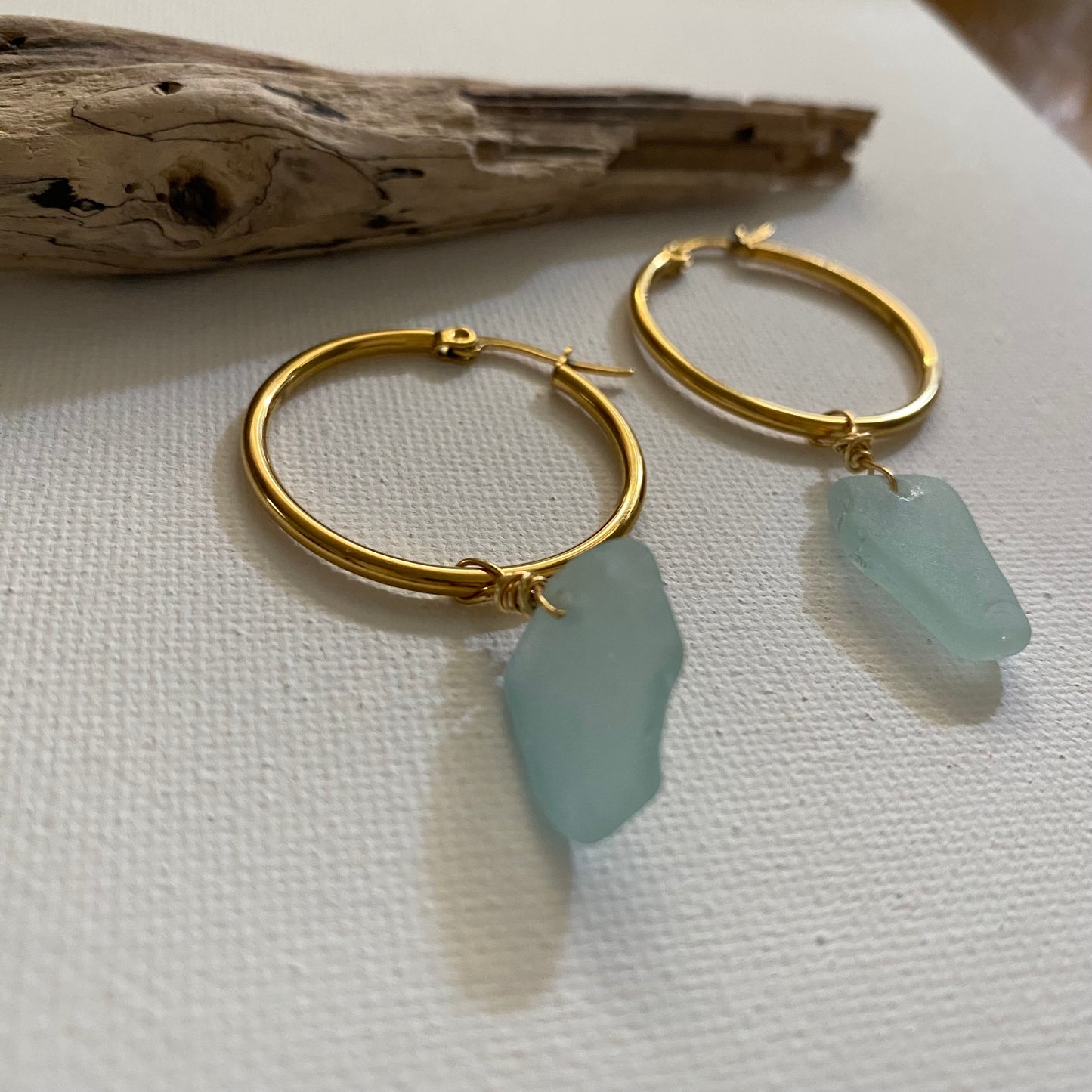 Sea Foam Sea Glass Earrings on 18K Gold PVD Hoops