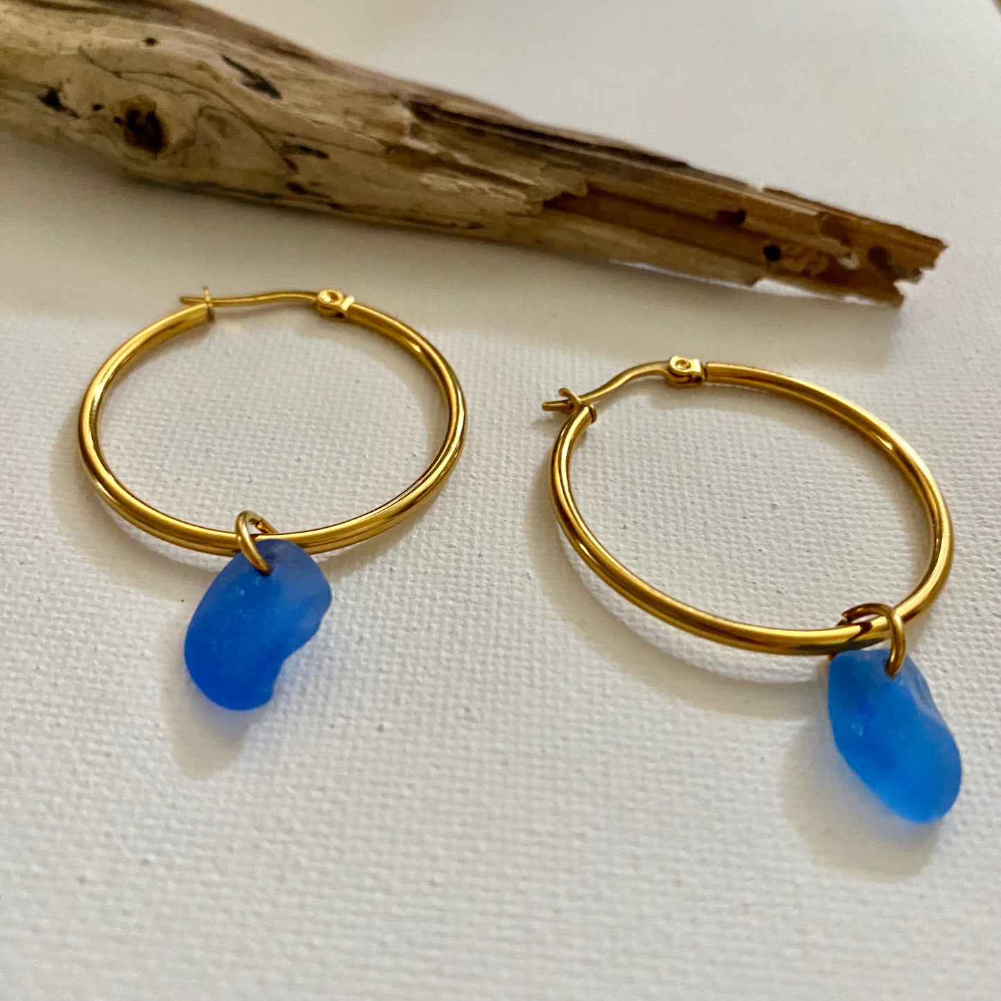 Cobalt Blue sea glass earrings | Hoop Earrings | Gold