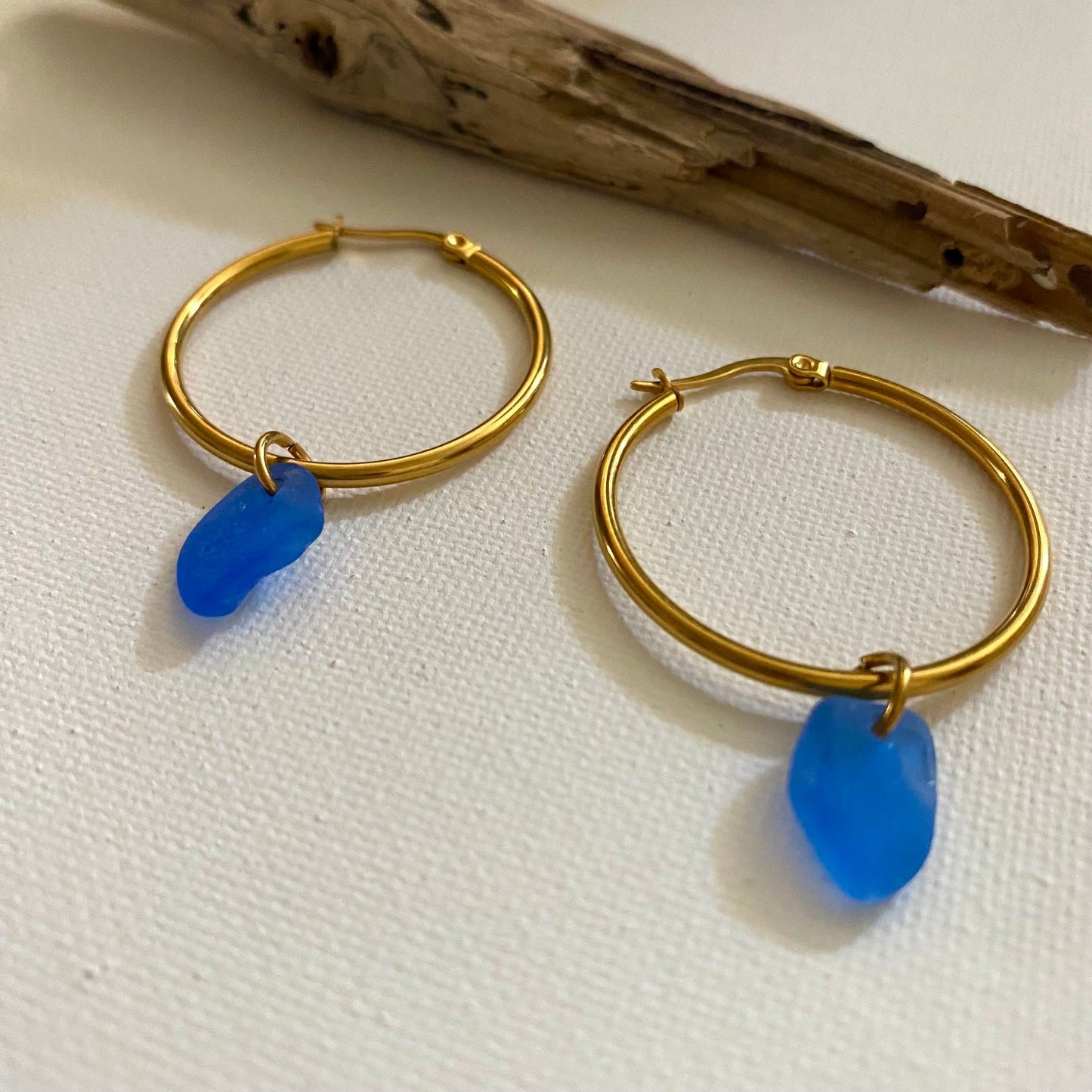Cobalt Blue sea glass earrings | Hoop Earrings | Gold