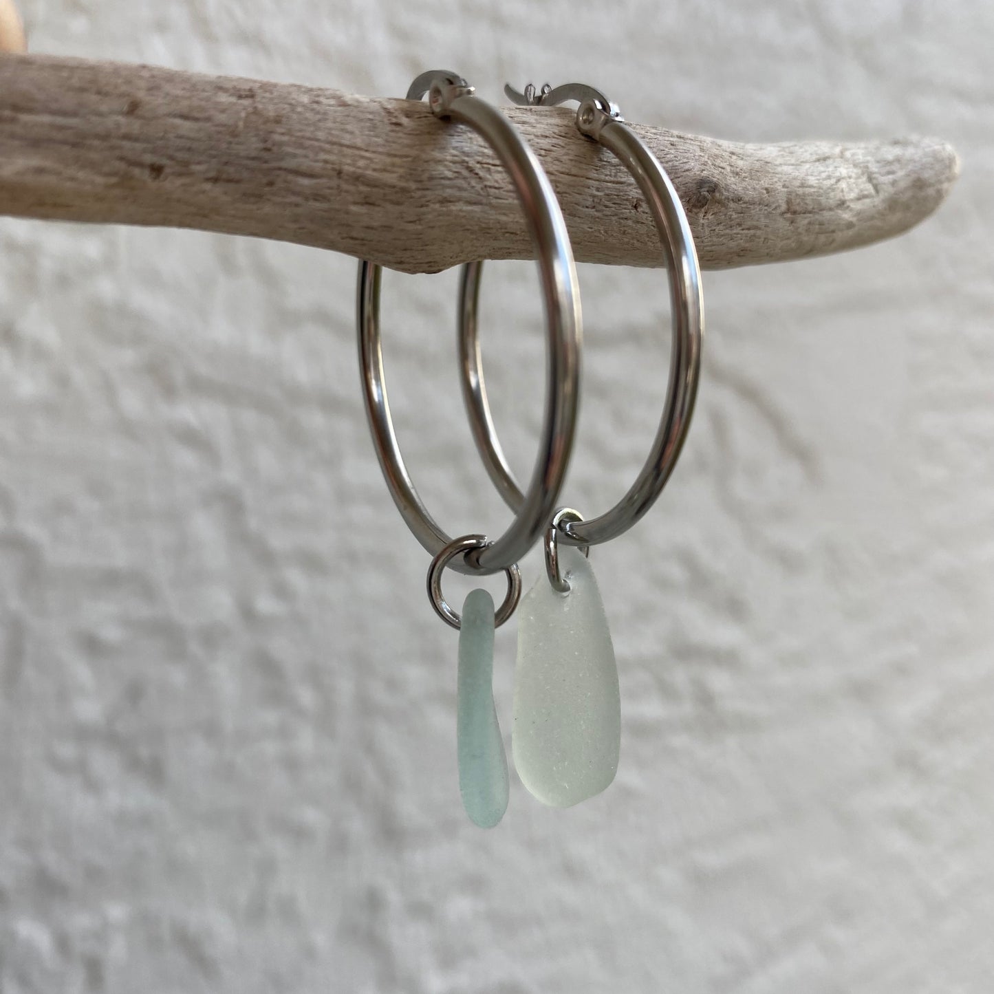 Sea Foam Sea Glass Earrings on Silver Stainless Steel Hoops