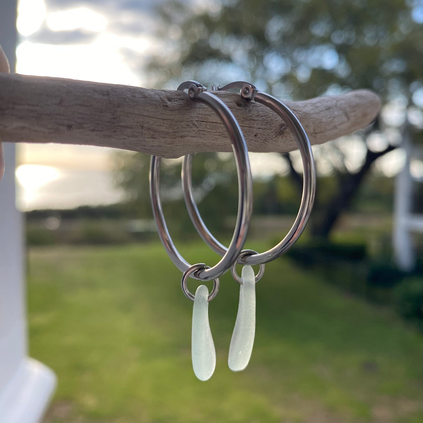 Sea Foam Sea Glass Earrings on Silver Stainless Steel Hoops