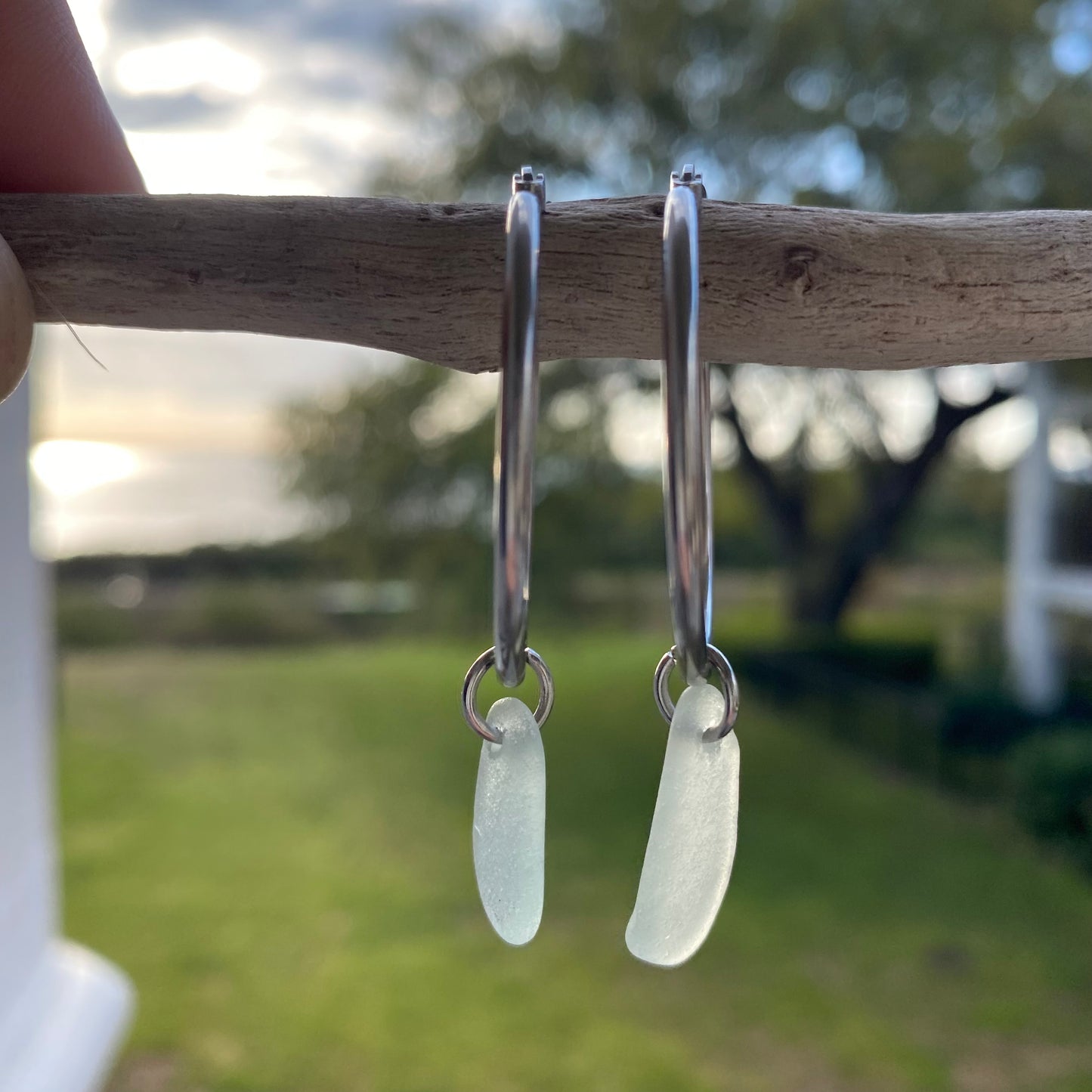 Sea Foam Sea Glass Earrings on Silver Stainless Steel Hoops