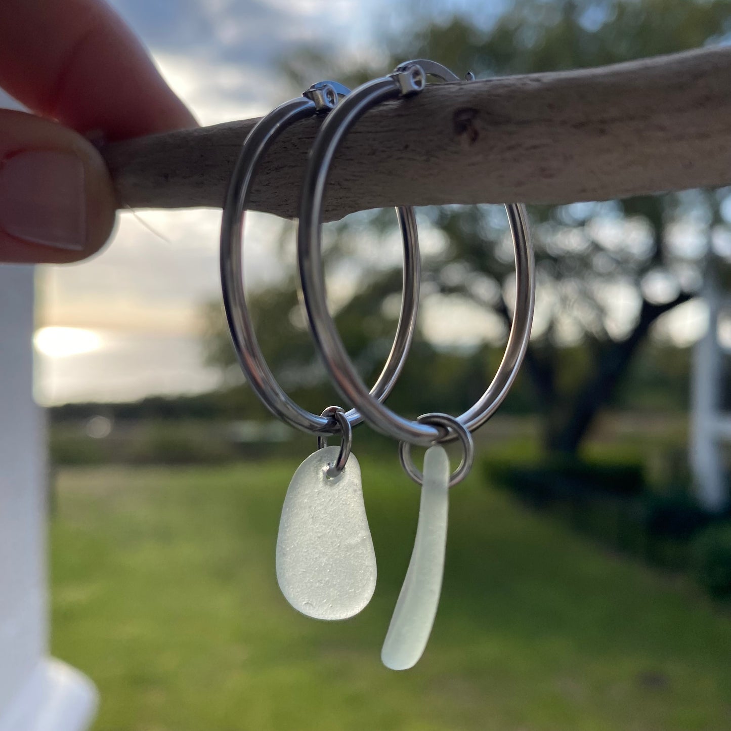 Sea Foam Sea Glass Earrings on Silver Stainless Steel Hoops