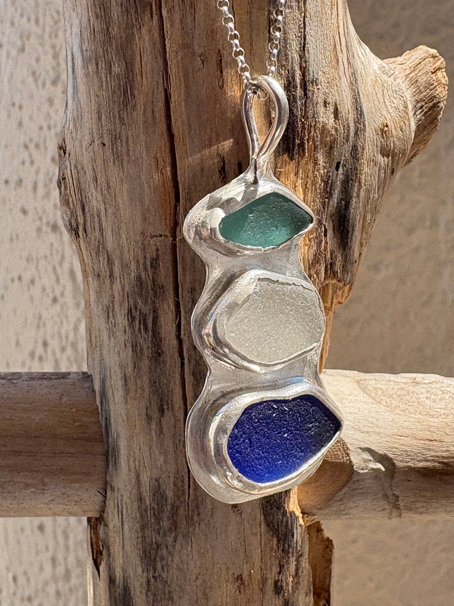The Horizon Road Trip Necklace: Rare Cobalt & Teal Sea Glass Statement Pendant in .925 Sterling Silver