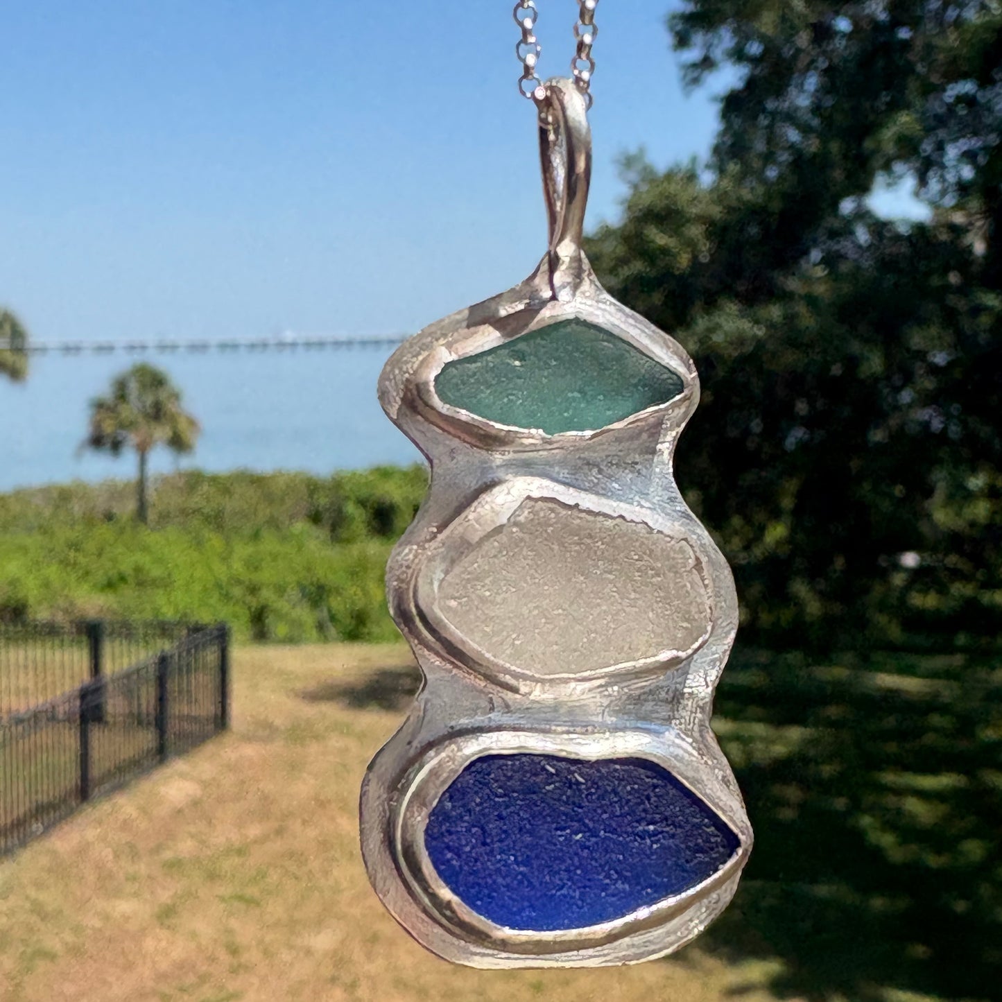 The Horizon Road Trip Necklace: Rare Cobalt & Teal Sea Glass Statement Pendant in .925 Sterling Silver
