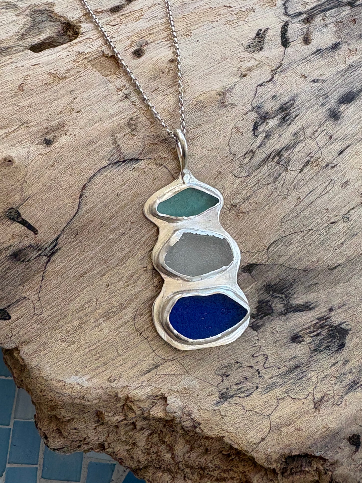 The Horizon Road Trip Necklace: Rare Cobalt & Teal Sea Glass Statement Pendant in .925 Sterling Silver