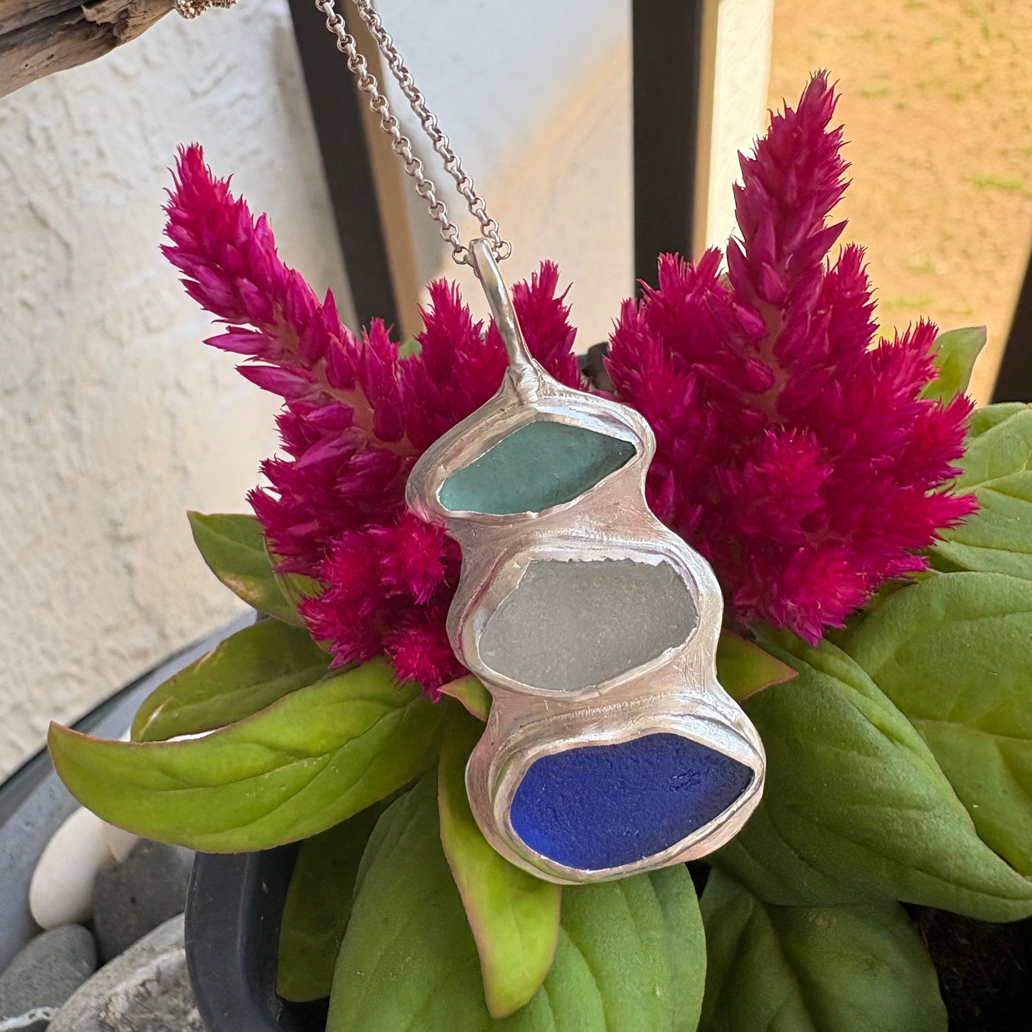 The Horizon Road Trip Necklace: Rare Cobalt & Teal Sea Glass Statement Pendant in .925 Sterling Silver